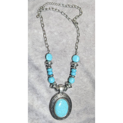 Bohemian Faux Turquoise Silver Tone Medallion Necklace