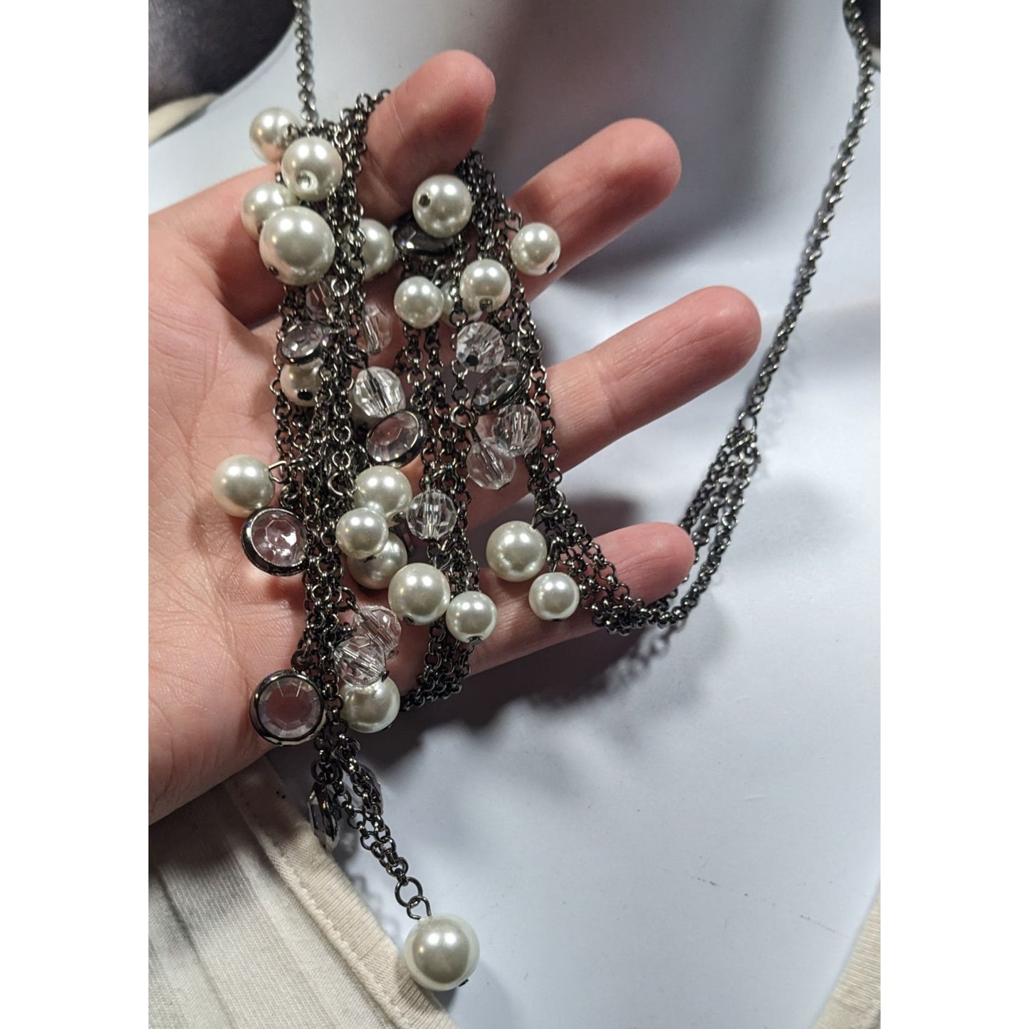 Glam Goth Faux Pearl And Gem Accent Multilayer Necklace