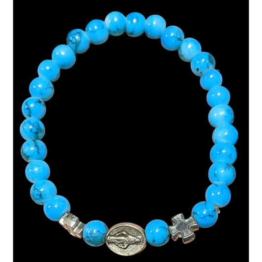 Blue And Silver Tone Religious Stretch Bracelet