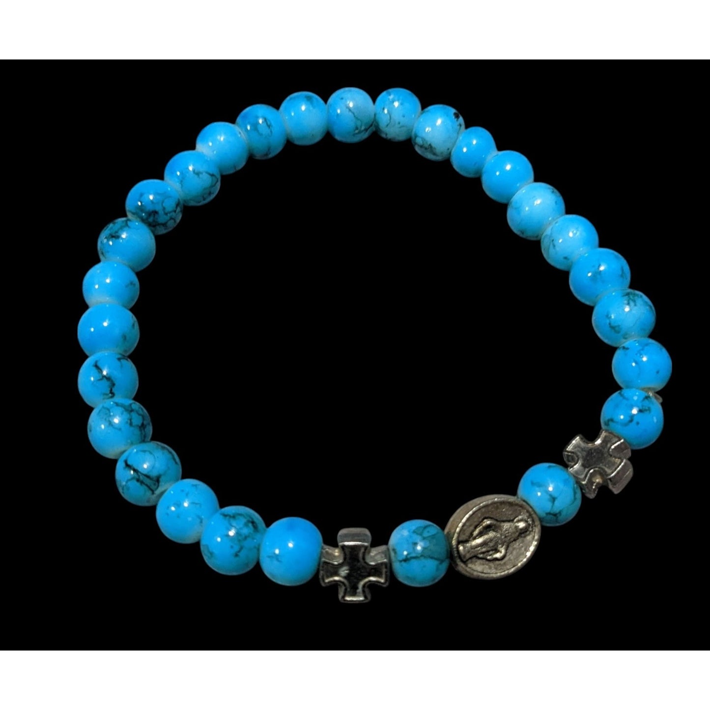 Blue And Silver Tone Religious Stretch Bracelet