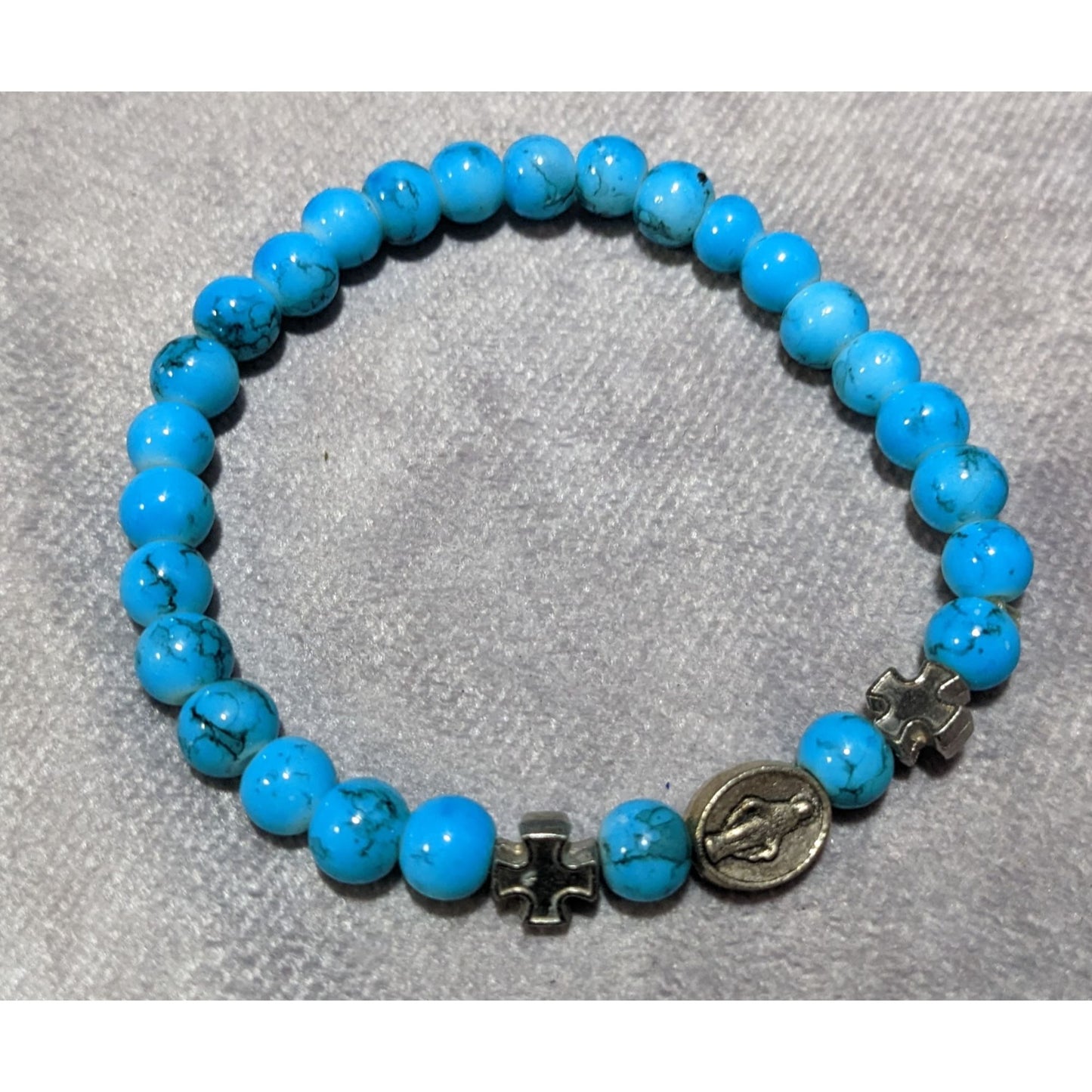 Blue And Silver Tone Religious Stretch Bracelet