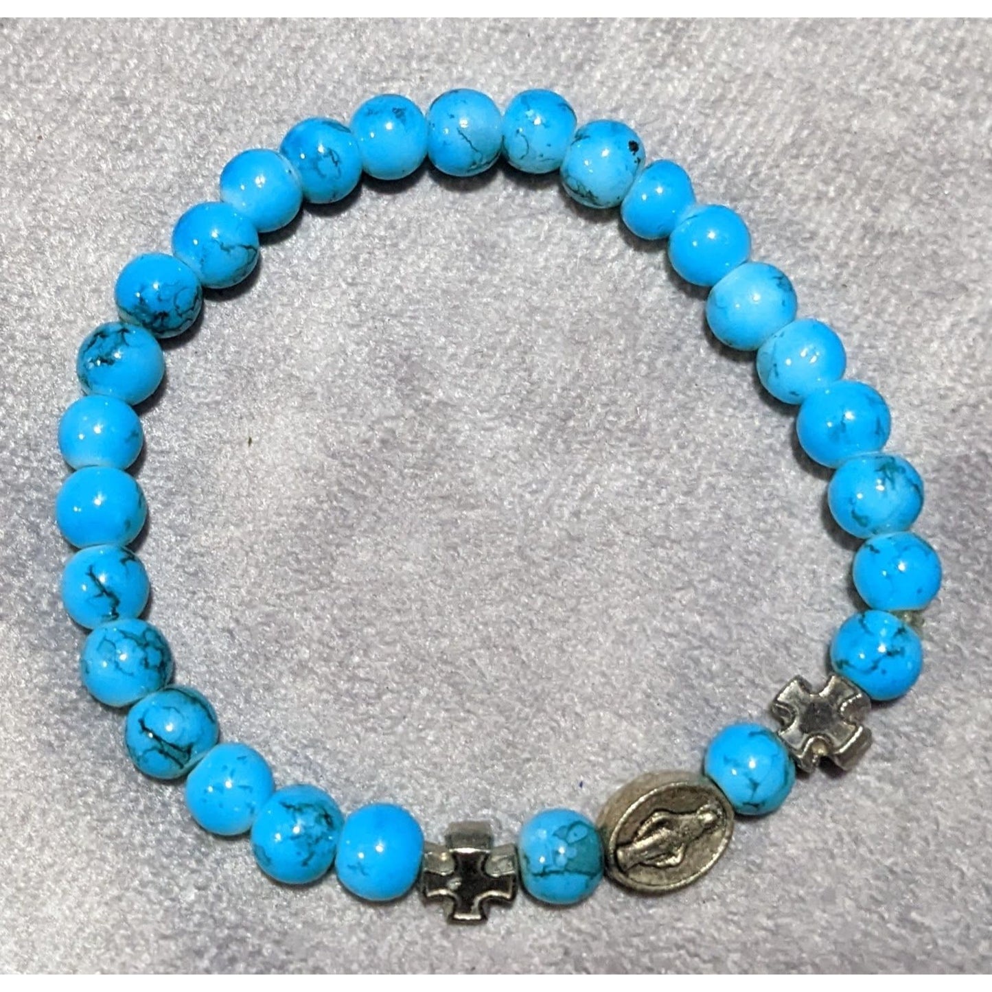 Blue And Silver Tone Religious Stretch Bracelet