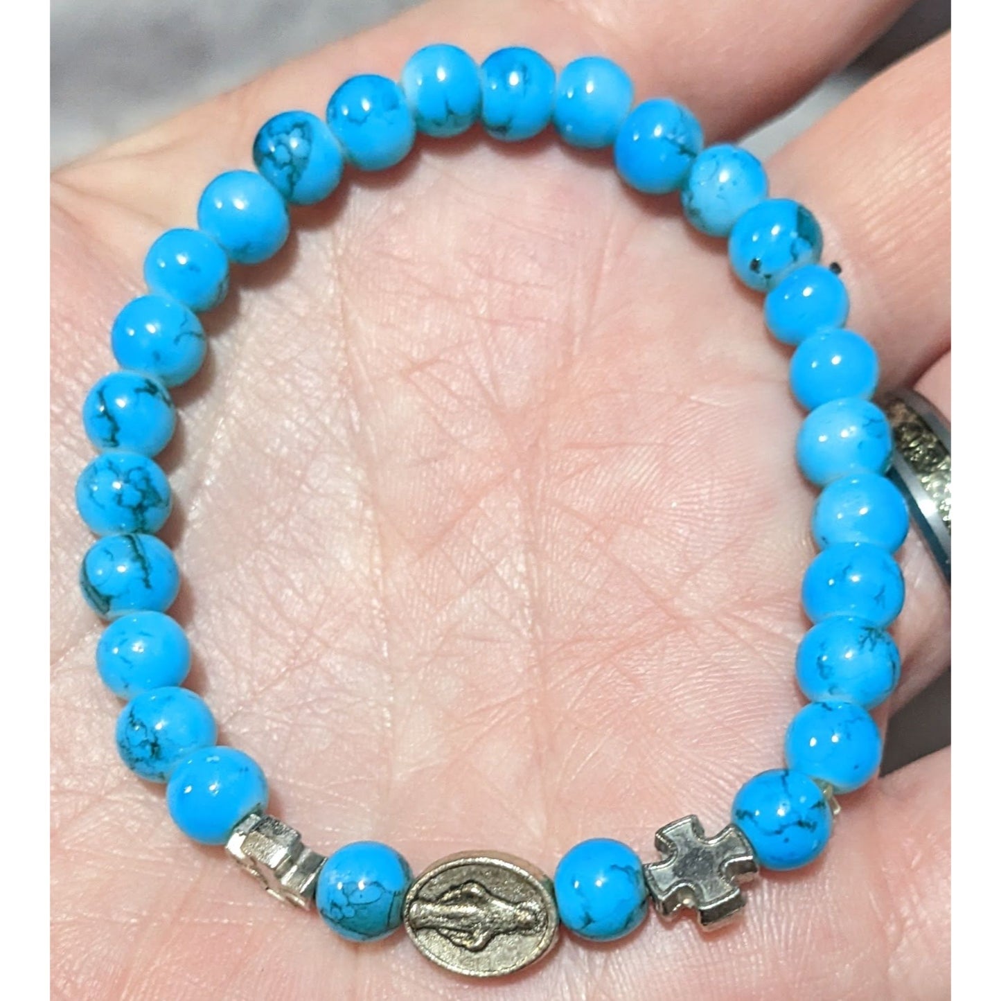 Blue And Silver Tone Religious Stretch Bracelet