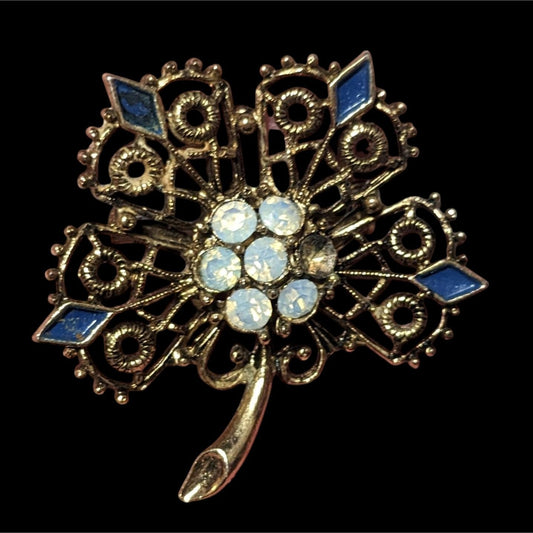 Vintage Gold Tone Floral Rhinestone Enamel Brooch