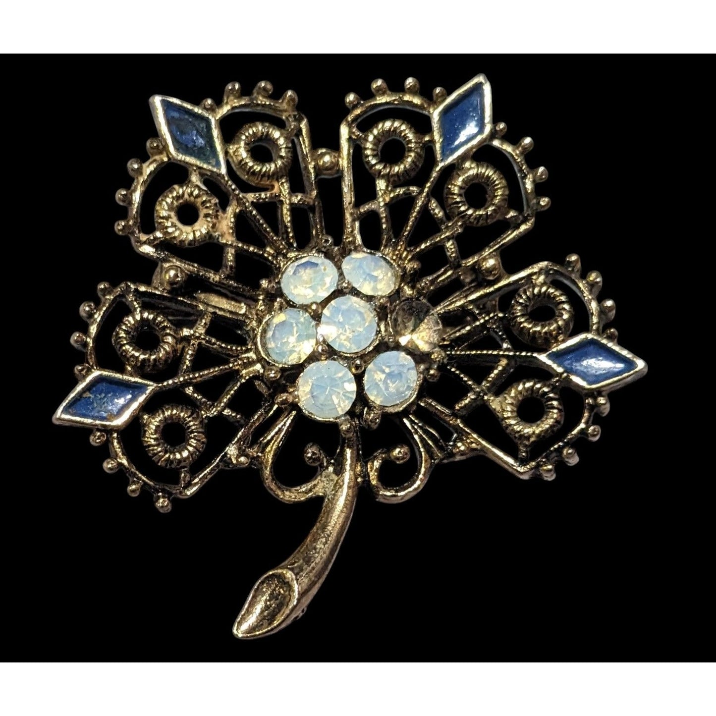 Vintage Gold Tone Floral Rhinestone Enamel Brooch