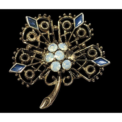 Vintage Gold Tone Floral Rhinestone Enamel Brooch