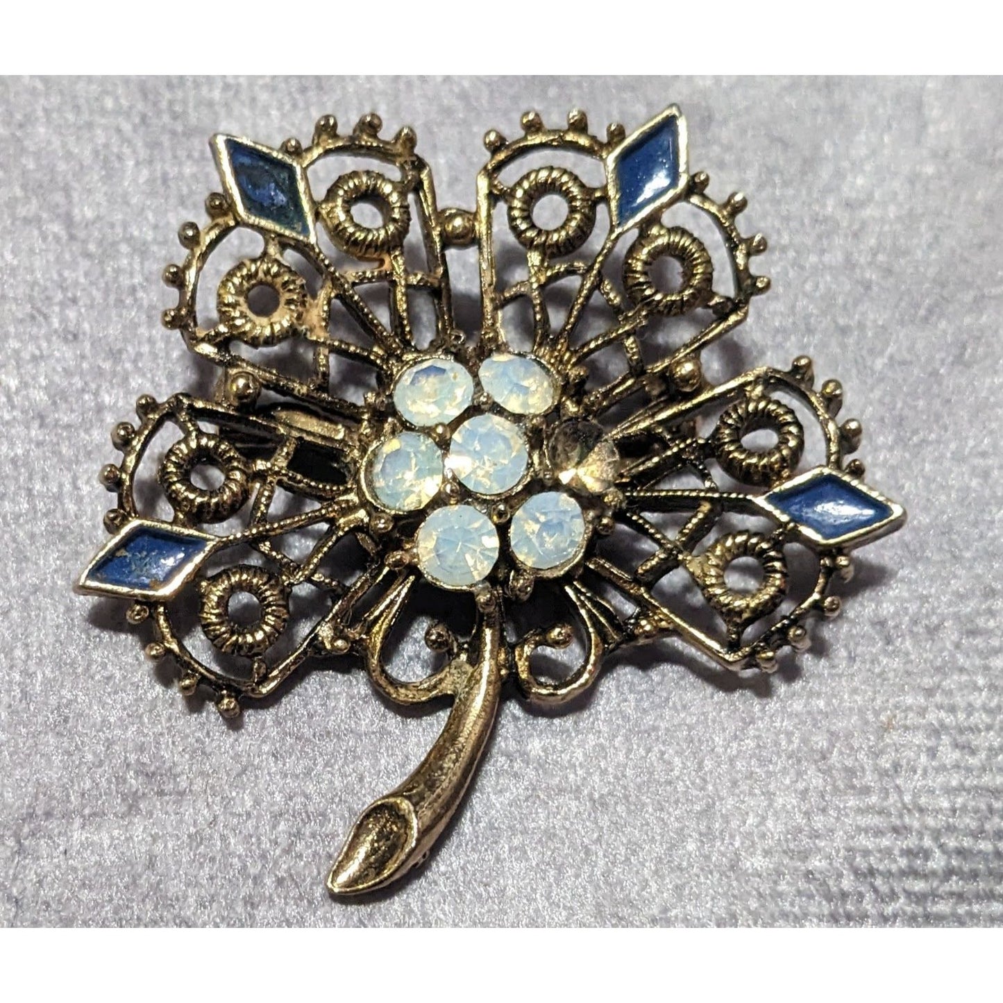 Vintage Gold Tone Floral Rhinestone Enamel Brooch