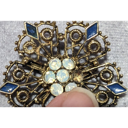 Vintage Gold Tone Floral Rhinestone Enamel Brooch