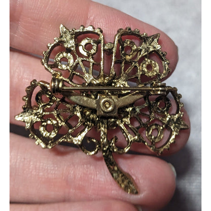 Vintage Gold Tone Floral Rhinestone Enamel Brooch