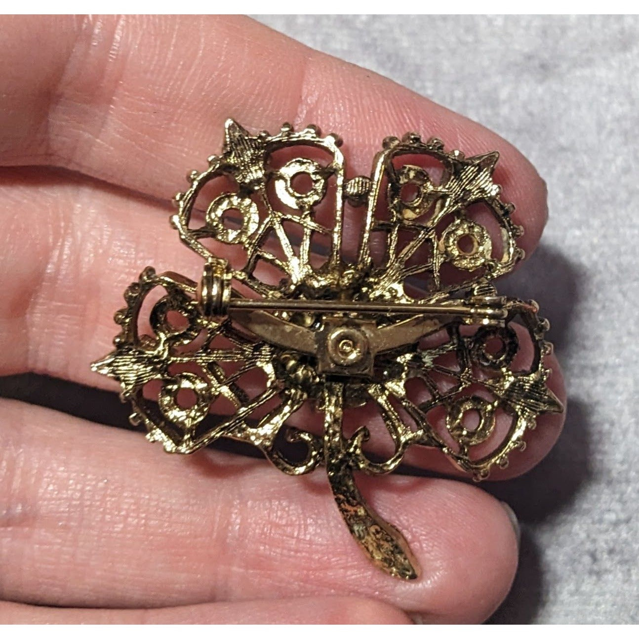 Vintage Gold Tone Floral Rhinestone Enamel Brooch