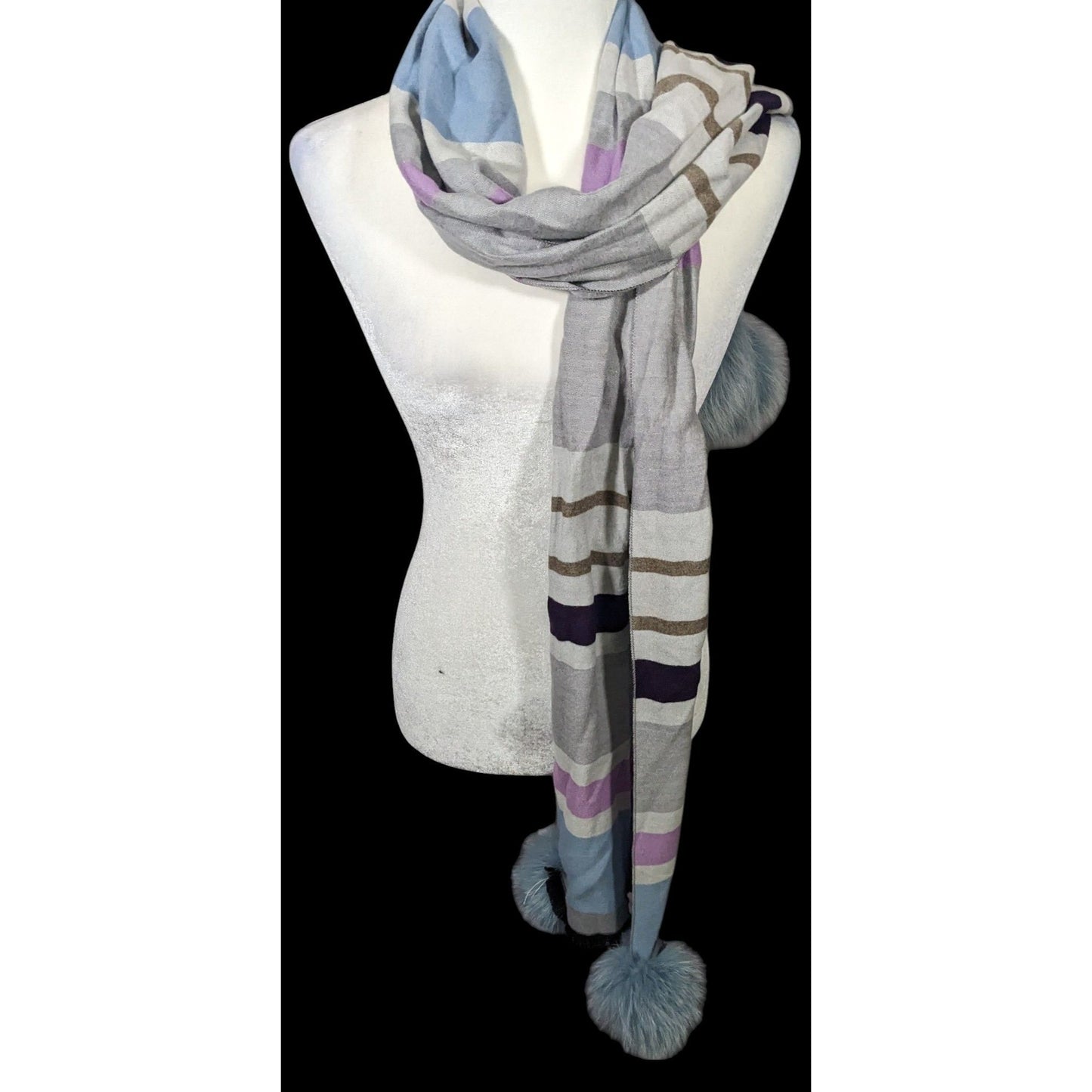 Casual Grey Purple And Blue Striped Pompom Scarf