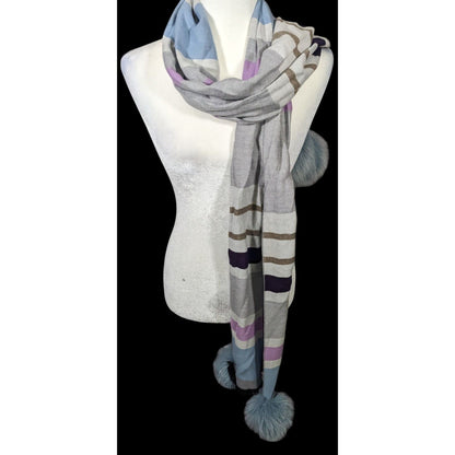 Casual Grey Purple And Blue Striped Pompom Scarf