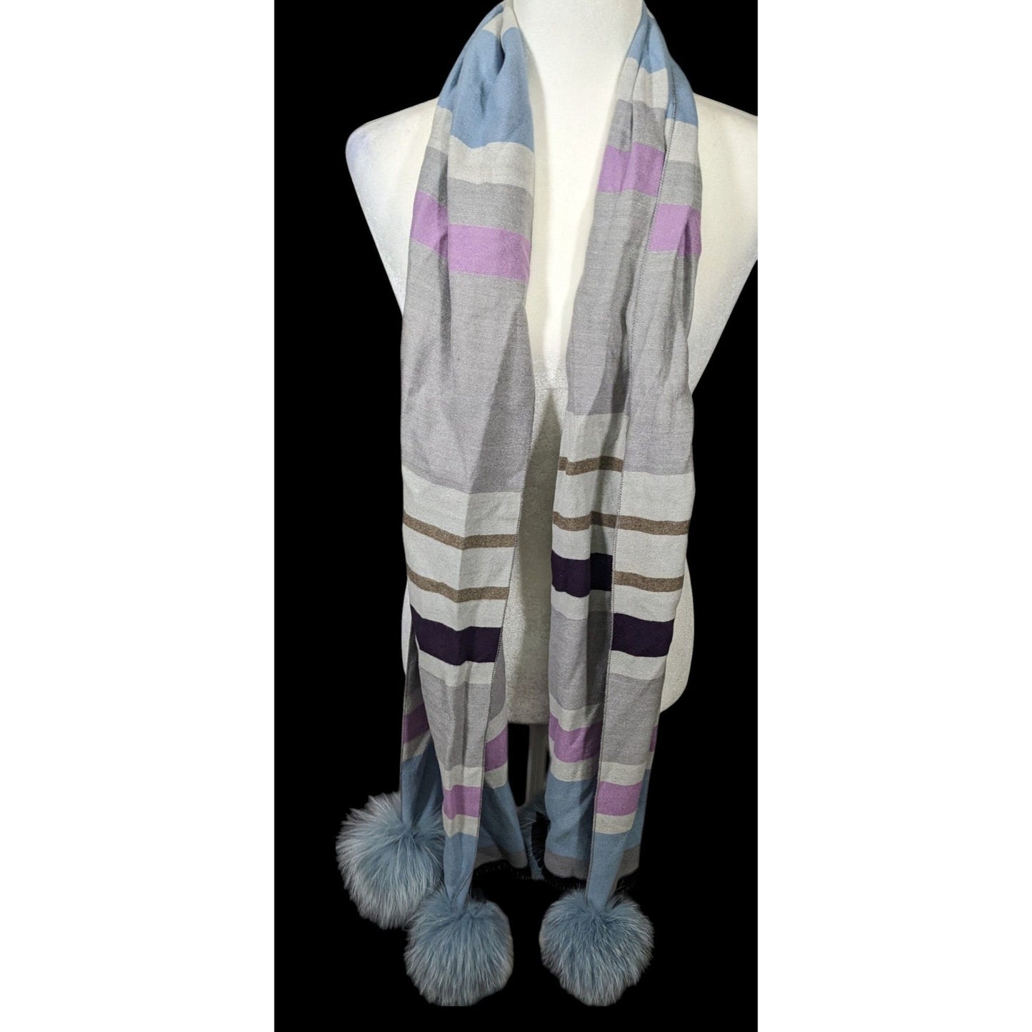 Casual Grey Purple And Blue Striped Pompom Scarf