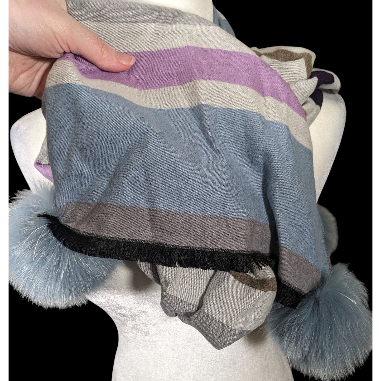 Casual Grey Purple And Blue Striped Pompom Scarf