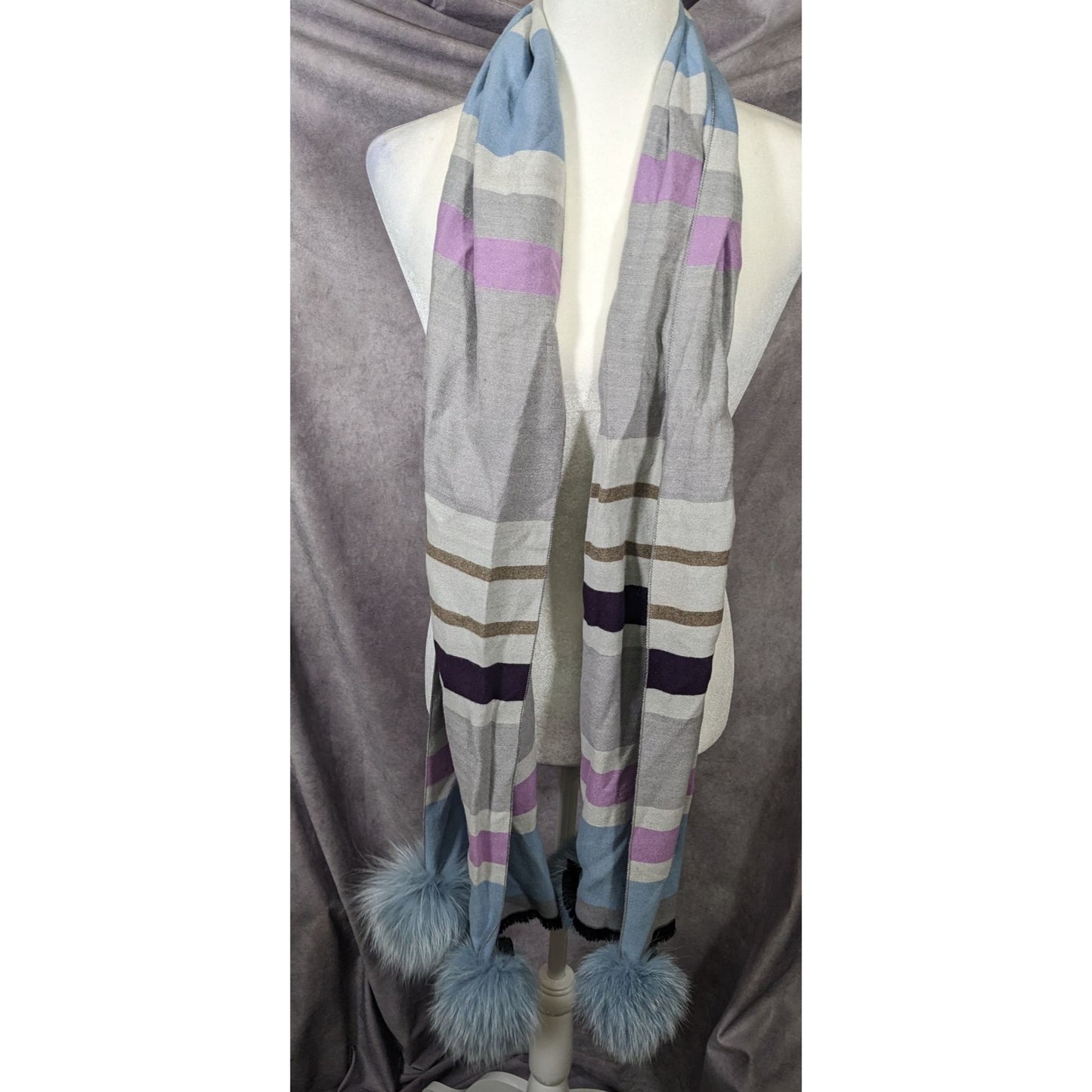 Casual Grey Purple And Blue Striped Pompom Scarf