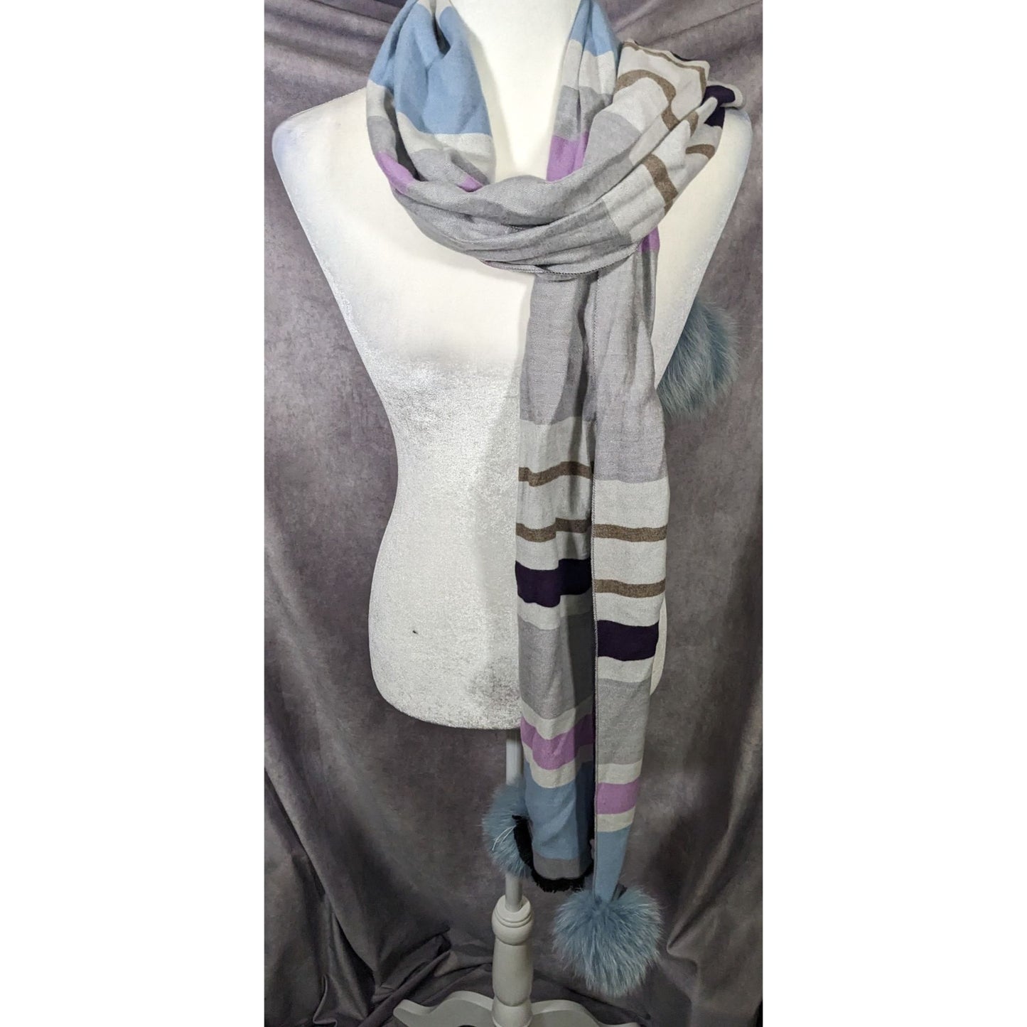 Casual Grey Purple And Blue Striped Pompom Scarf