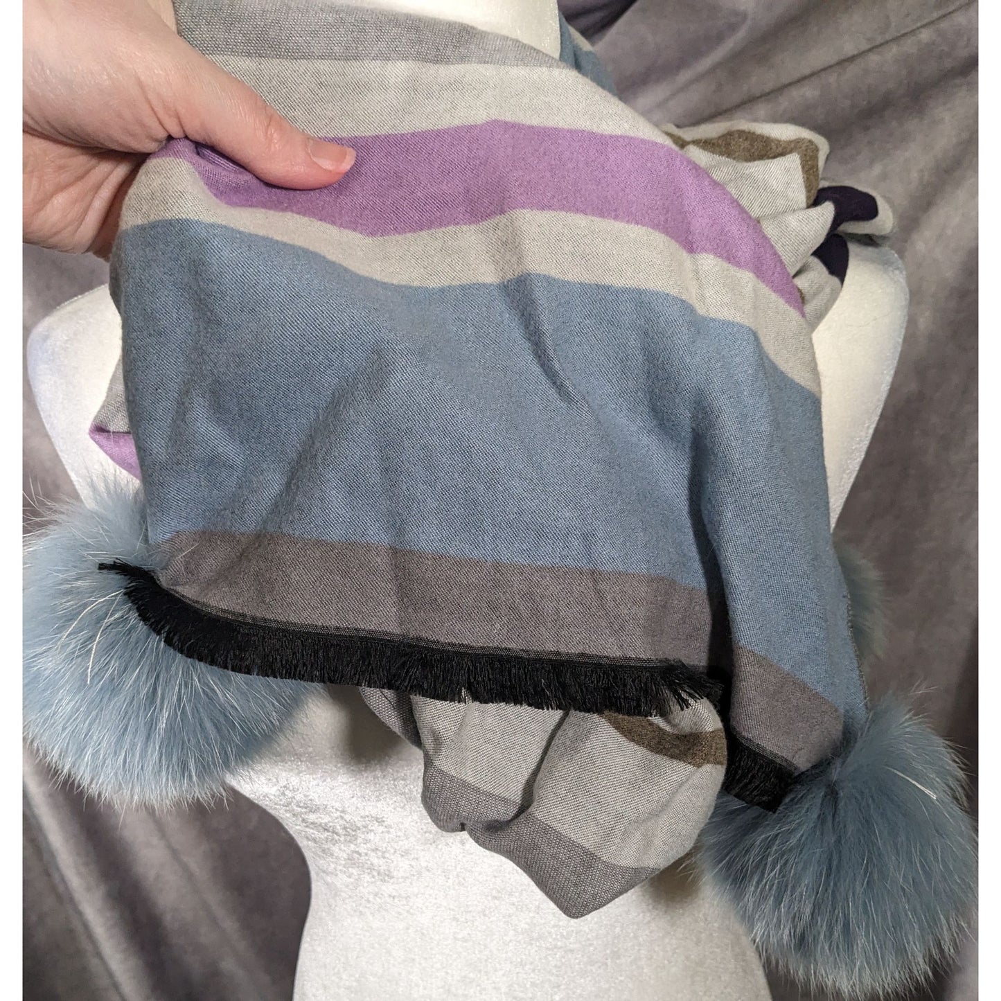 Casual Grey Purple And Blue Striped Pompom Scarf