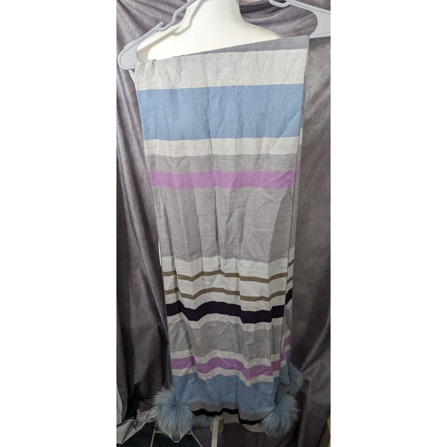 Casual Grey Purple And Blue Striped Pompom Scarf