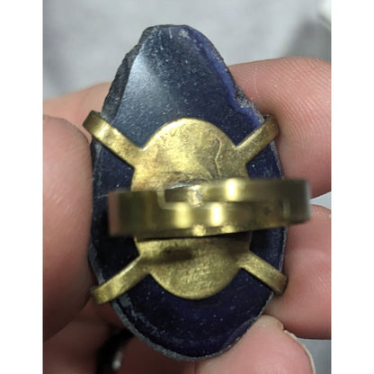 Dark Blue Dyed Geode Slice Adjustable Statement Ring Size 6 1/2