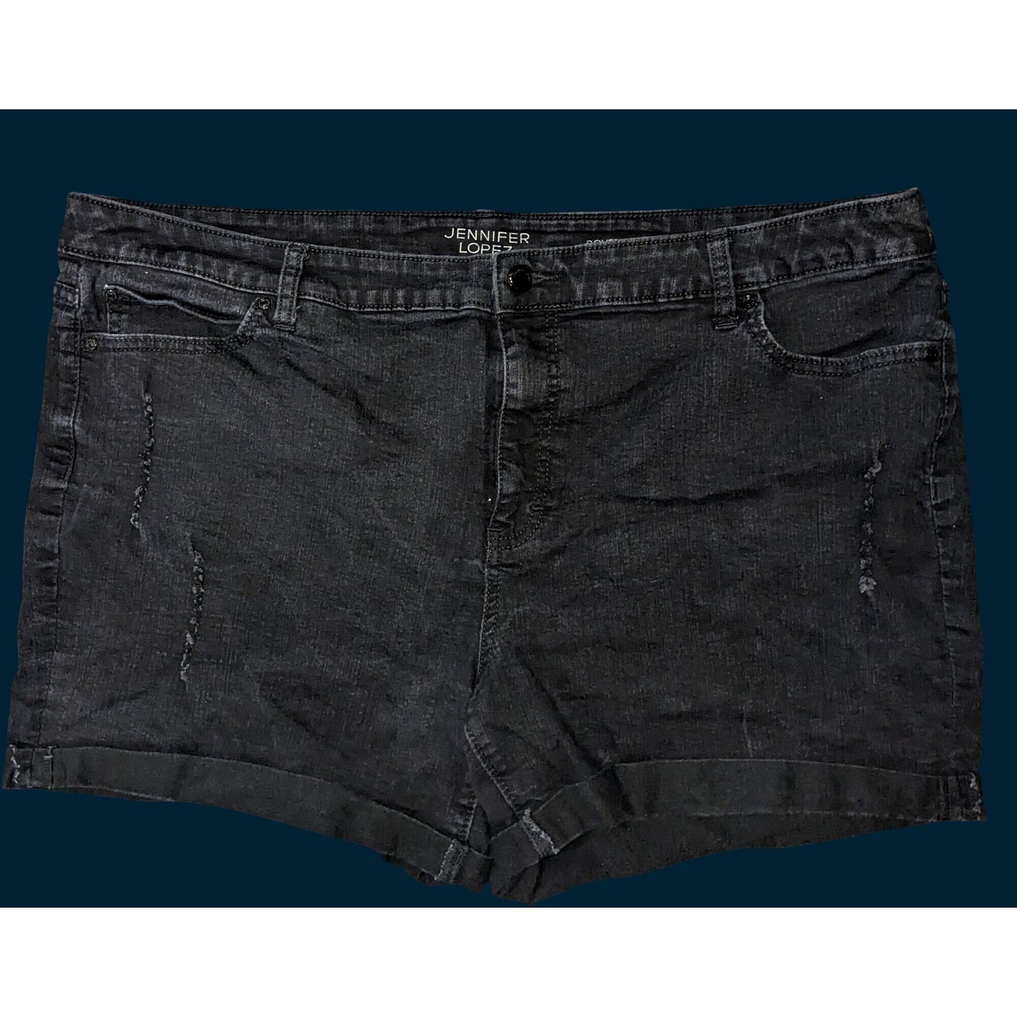 Jennifer Lopez Black Distressed Denim Shorts 22W With Frayed Hem & Pockets Casual Summer Style Women’s Plus Size