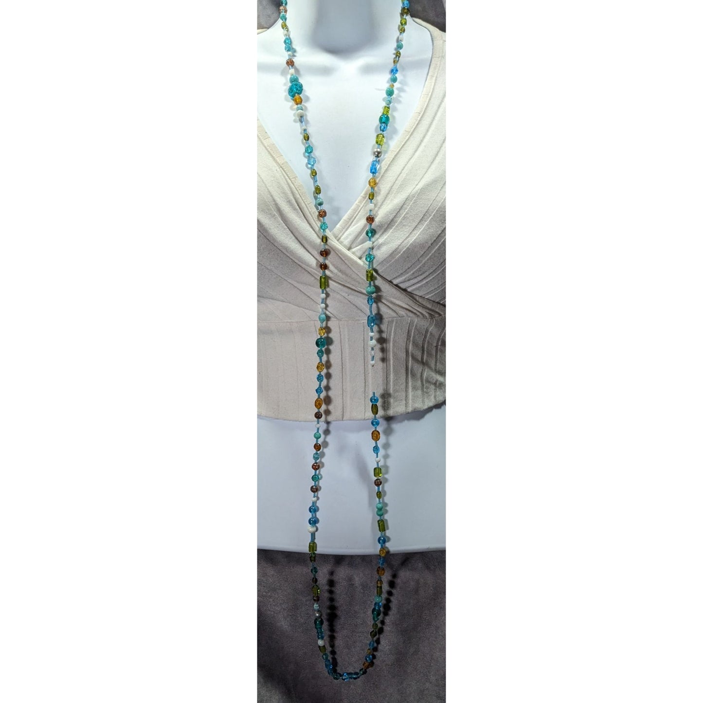 Handmade Cool Tone Glass Beaded Extra Long Necklace