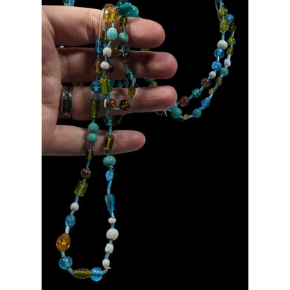 Handmade Cool Tone Glass Beaded Extra Long Necklace