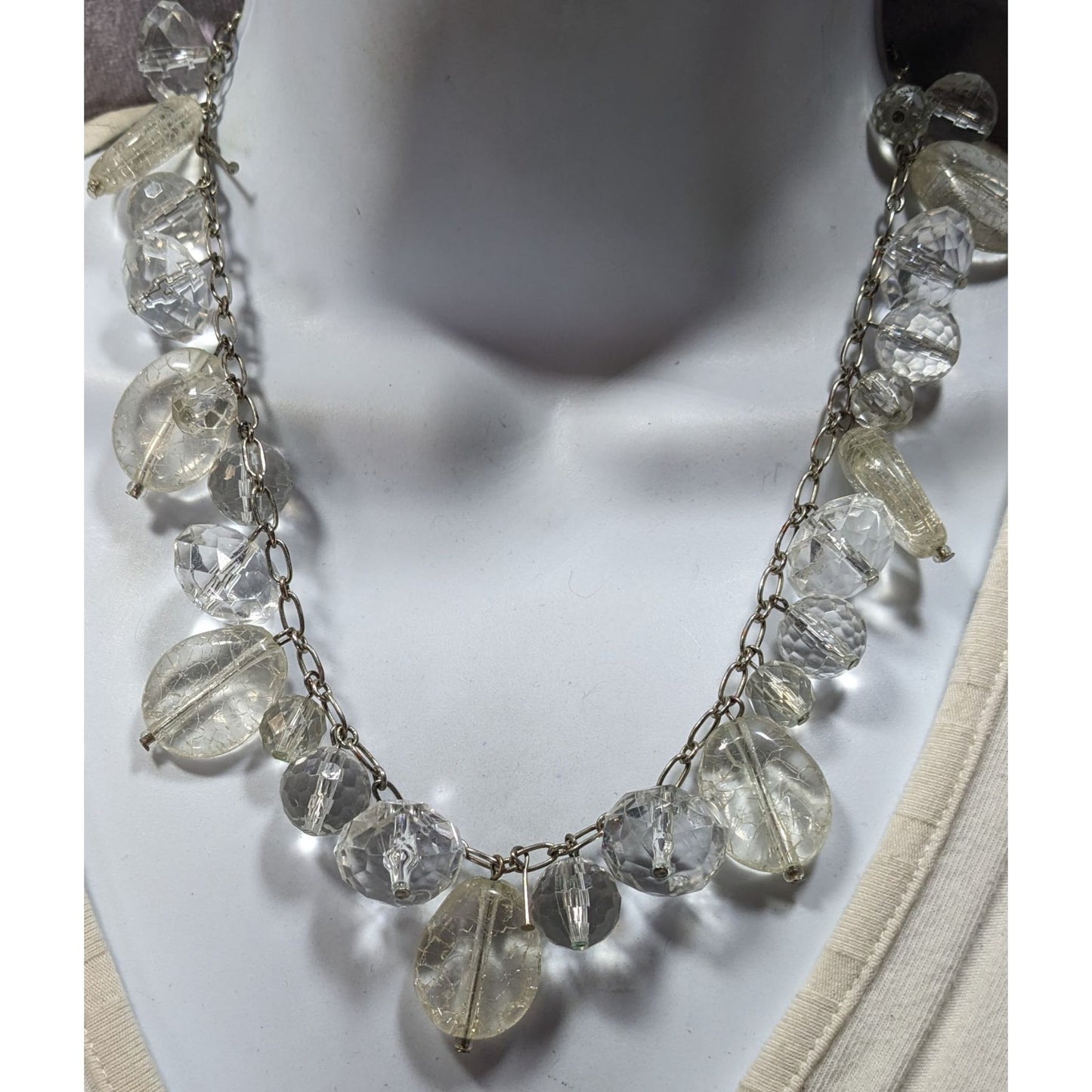 Elegant Glam Clear Beaded Statement Necklace With Silver Tone Chain