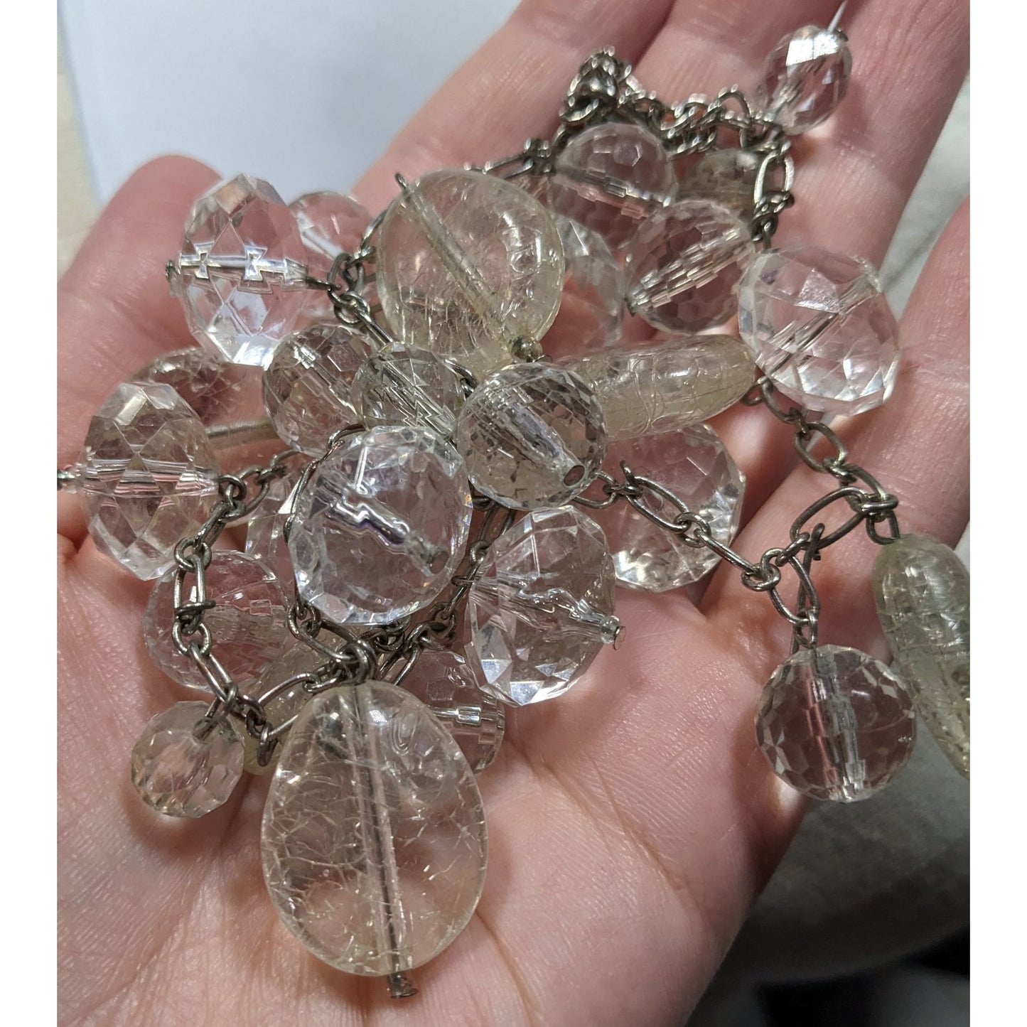 Elegant Glam Clear Beaded Statement Necklace With Silver Tone Chain