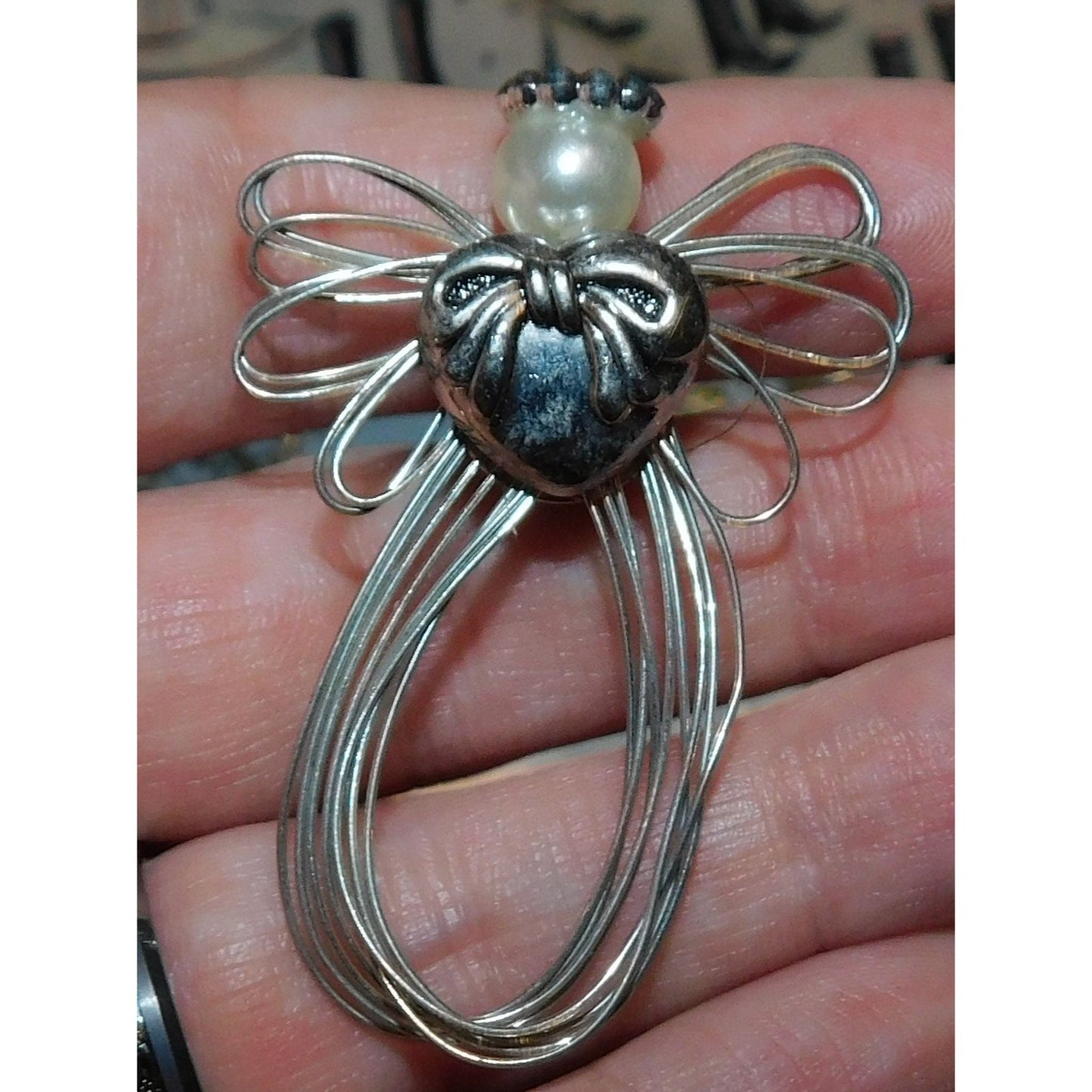 Handmade Wire Wrap Angel Pin With Faux Pearl And Heart Accents