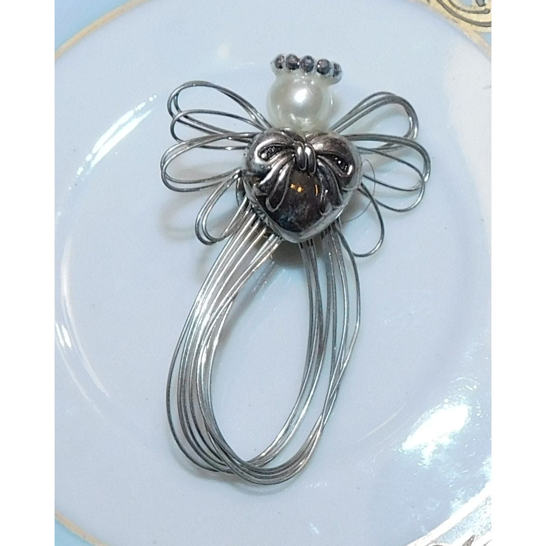 Handmade Wire Wrap Angel Pin With Faux Pearl And Heart Accents