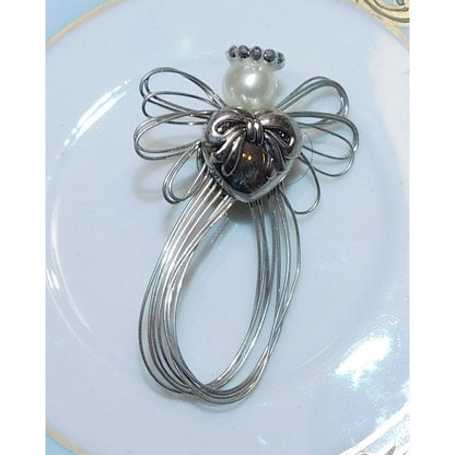 Handmade Wire Wrap Angel Pin With Faux Pearl And Heart Accents