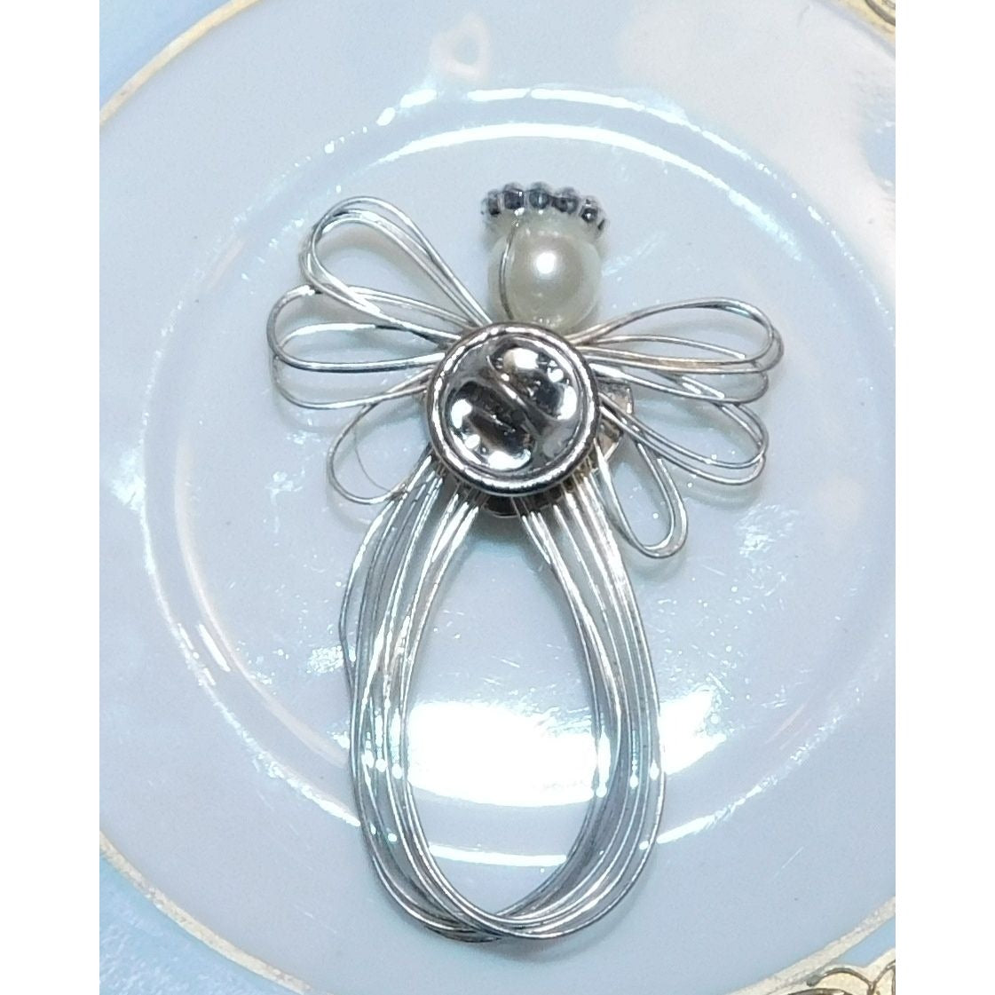 Handmade Wire Wrap Angel Pin With Faux Pearl And Heart Accents