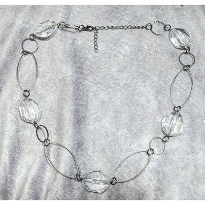 Retro Clear Gemmed Silver Link Casual Necklace