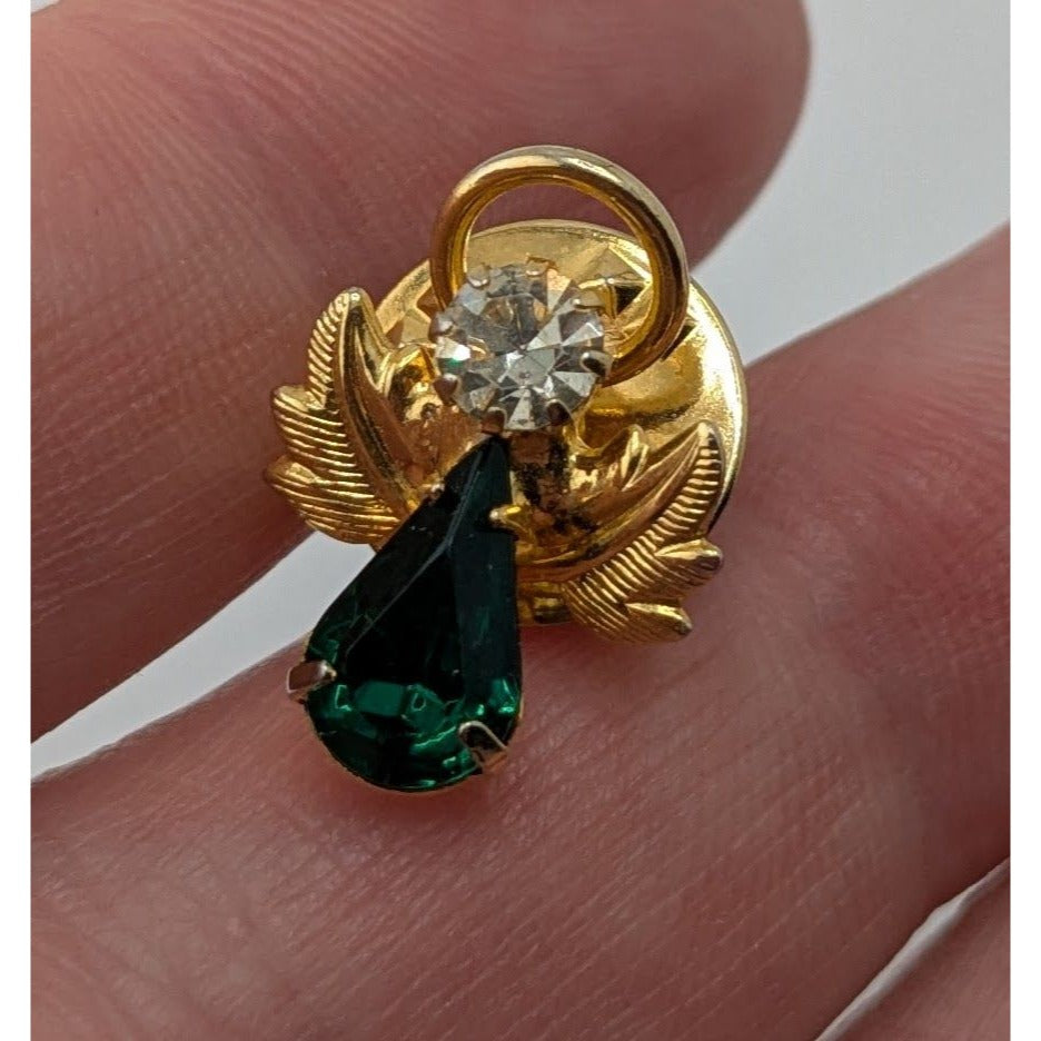 Vintage Angel Brooch Gold-Tone Green May Birthstone Accent 3/4 Inch Pin