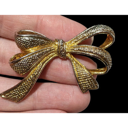 Vintage Textured Gold Tone Bow Ribbon Brooch