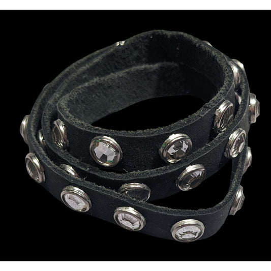 Glam Goth Black Leather Rhinestone Studded Wrap Bracelet