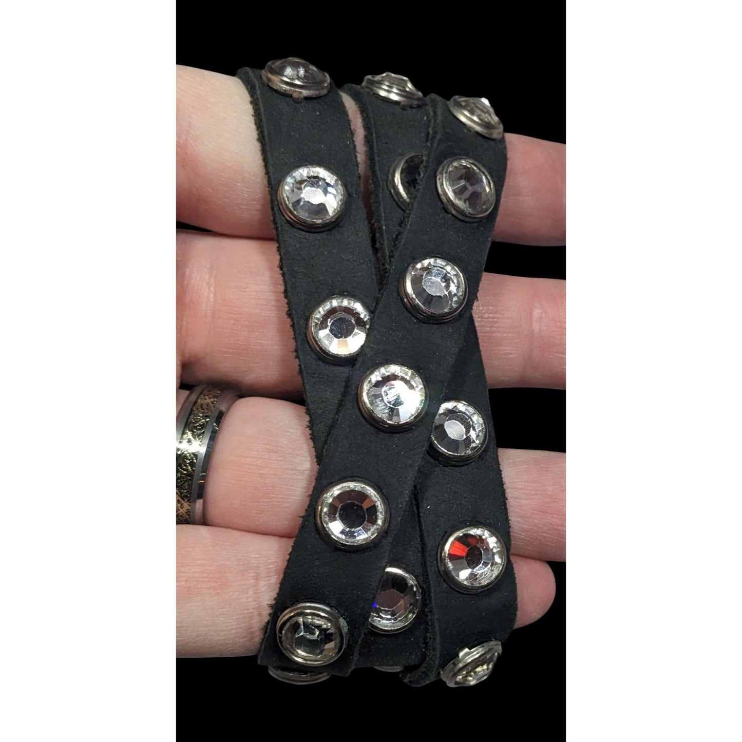 Glam Goth Black Leather Rhinestone Studded Wrap Bracelet