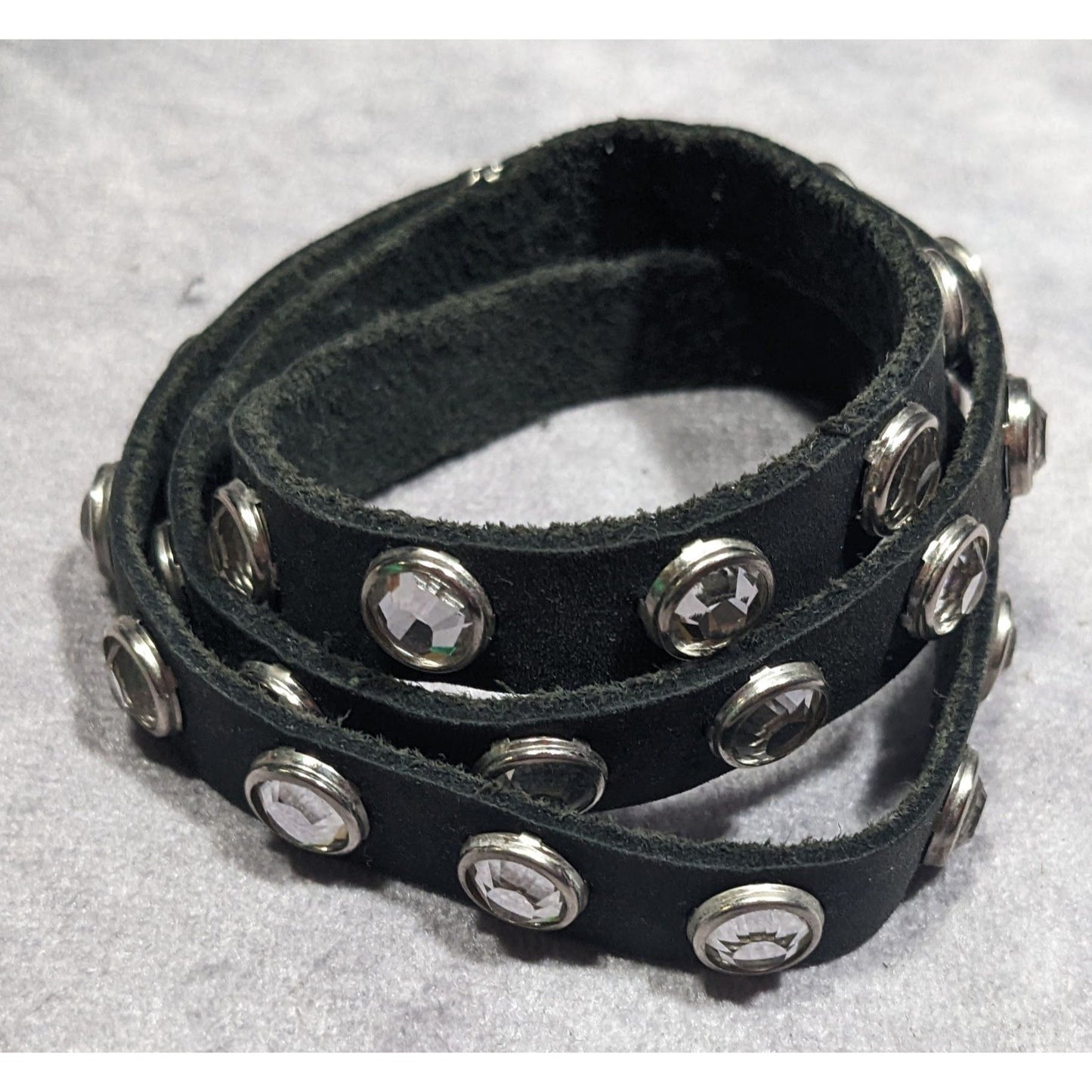 Glam Goth Black Leather Rhinestone Studded Wrap Bracelet