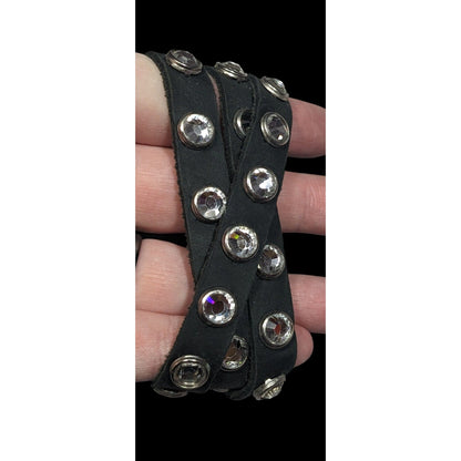 Glam Goth Black Leather Rhinestone Studded Wrap Bracelet