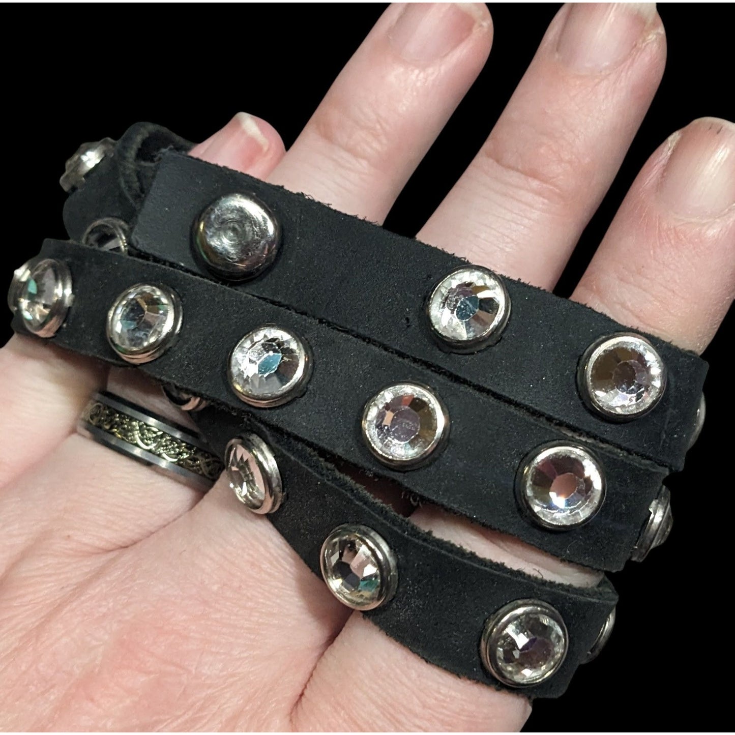 Glam Goth Black Leather Rhinestone Studded Wrap Bracelet