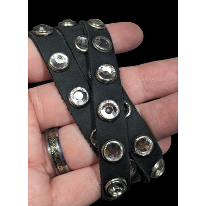 Glam Goth Black Leather Rhinestone Studded Wrap Bracelet