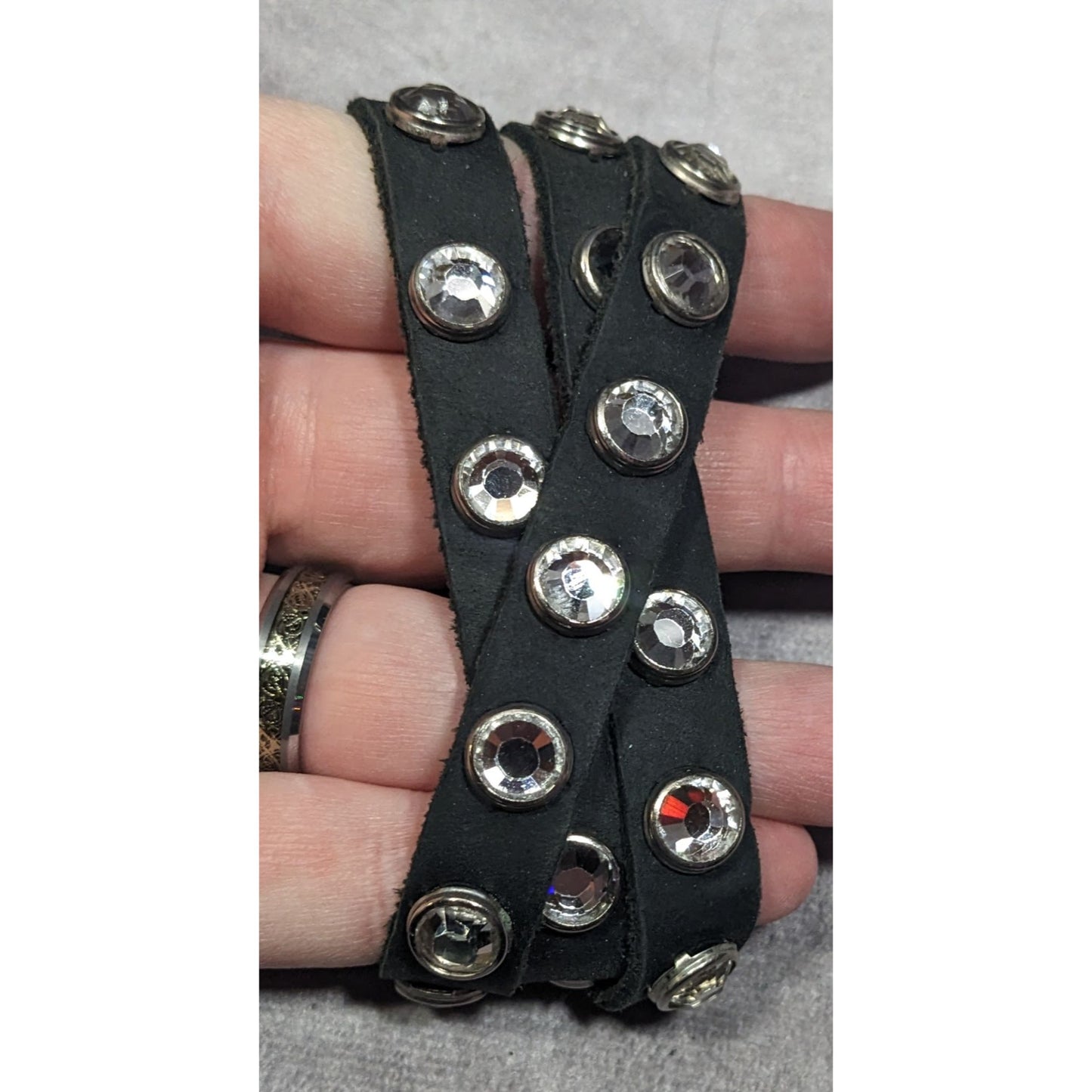 Glam Goth Black Leather Rhinestone Studded Wrap Bracelet