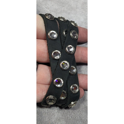 Glam Goth Black Leather Rhinestone Studded Wrap Bracelet