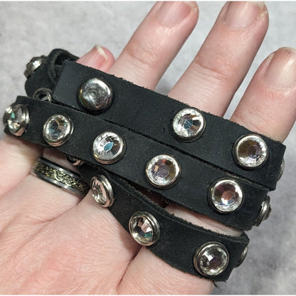 Glam Goth Black Leather Rhinestone Studded Wrap Bracelet