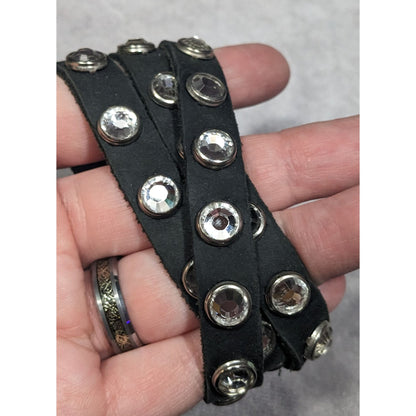 Glam Goth Black Leather Rhinestone Studded Wrap Bracelet