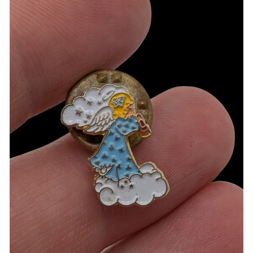 Vintage Enamel Angel Lapel Pin Praying Guardian Angel Cloud Brooch