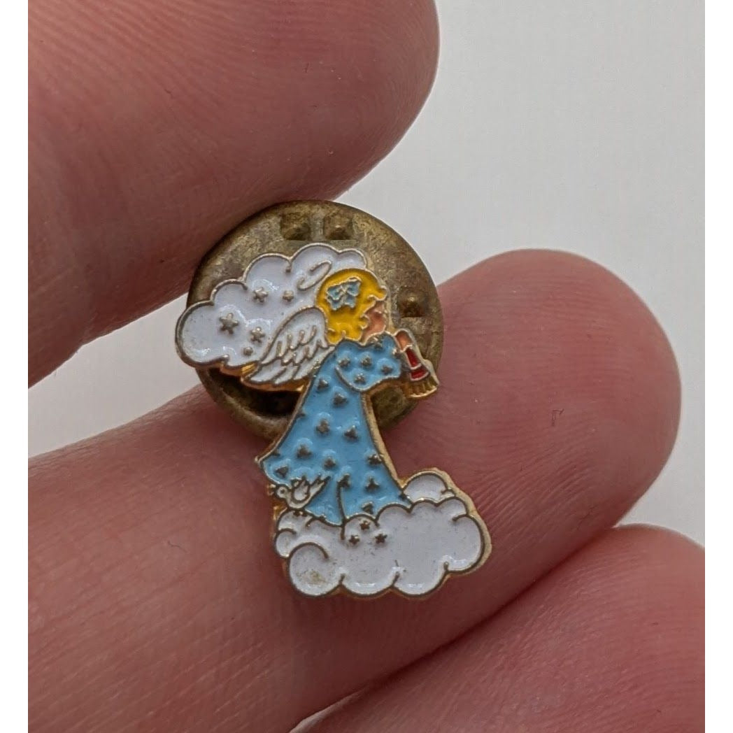 Vintage Enamel Angel Lapel Pin Praying Guardian Angel Cloud Brooch
