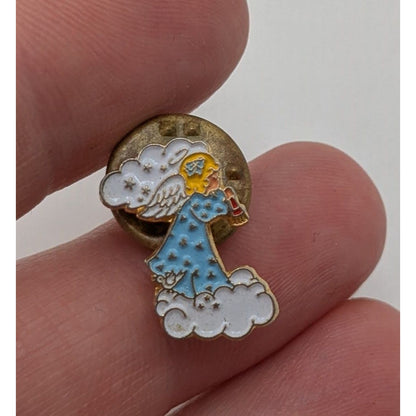 Vintage Enamel Angel Lapel Pin Praying Guardian Angel Cloud Brooch