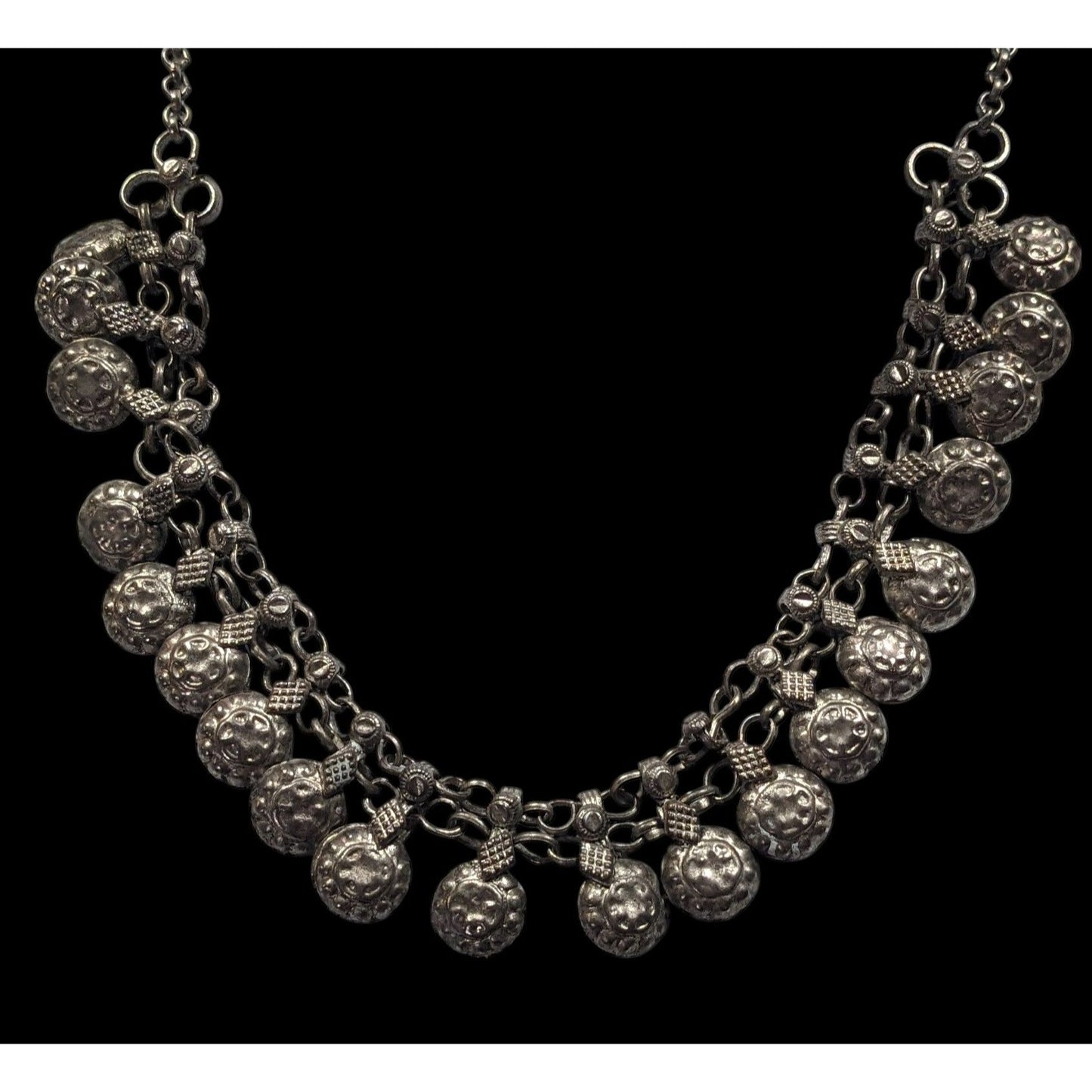 Bohemian Festival Silver Tone Puffed Charm Necklace