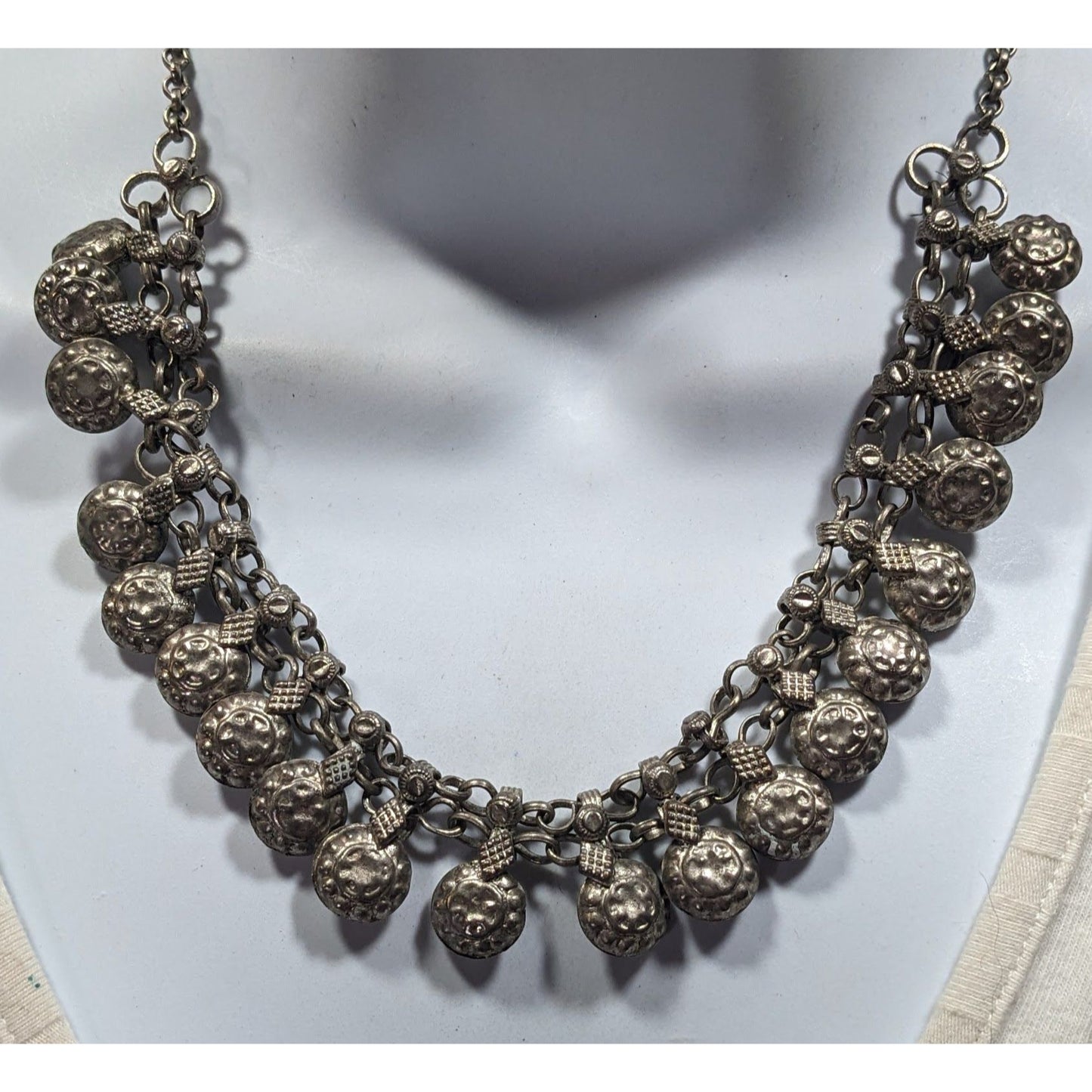 Bohemian Festival Silver Tone Puffed Charm Necklace